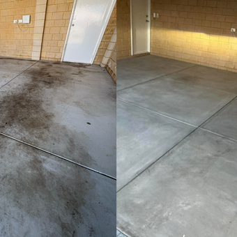Concrete Garage Floor before and after pressure cleaning