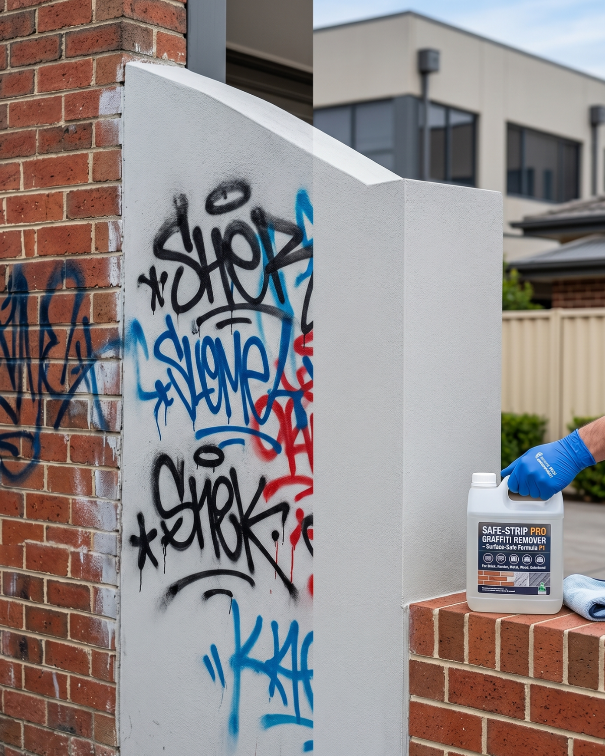 Graffiti removal from brick and rendered wall in Mandurah