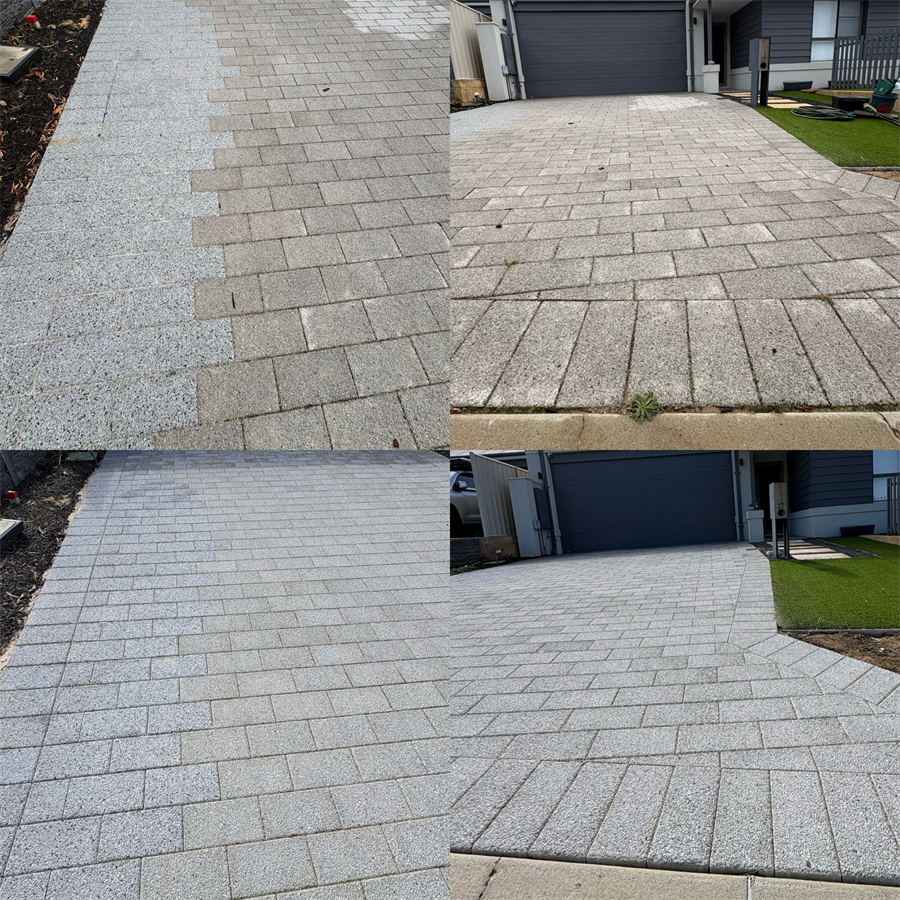 Grey Paver Driveway before and after pressure cleaning