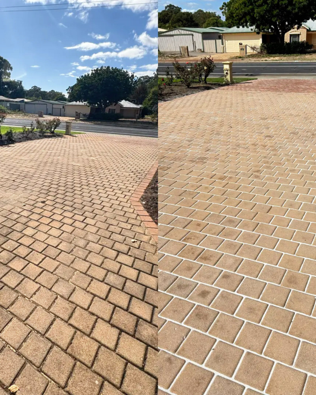 Paver driveway before and after pressure cleaning in Mandurah