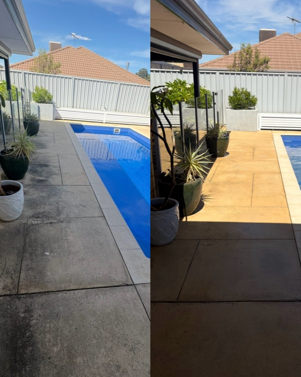 Pool surround paving before and after pressure cleaning in Mandurah