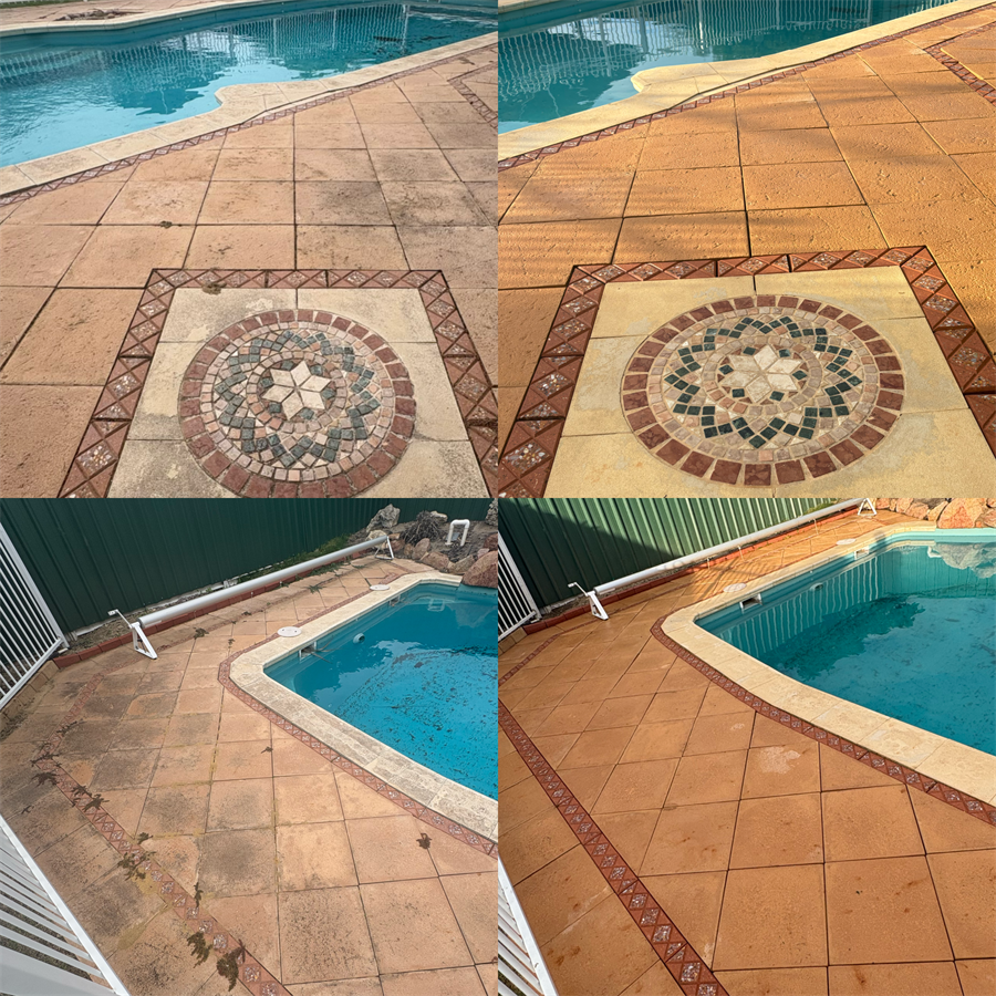 Pool Surround Paving before and after pressure cleaning