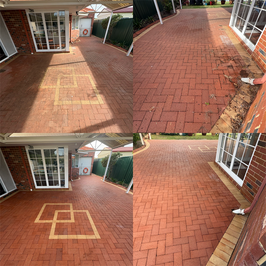 Red Brick Paver Patio before and after pressure cleaning